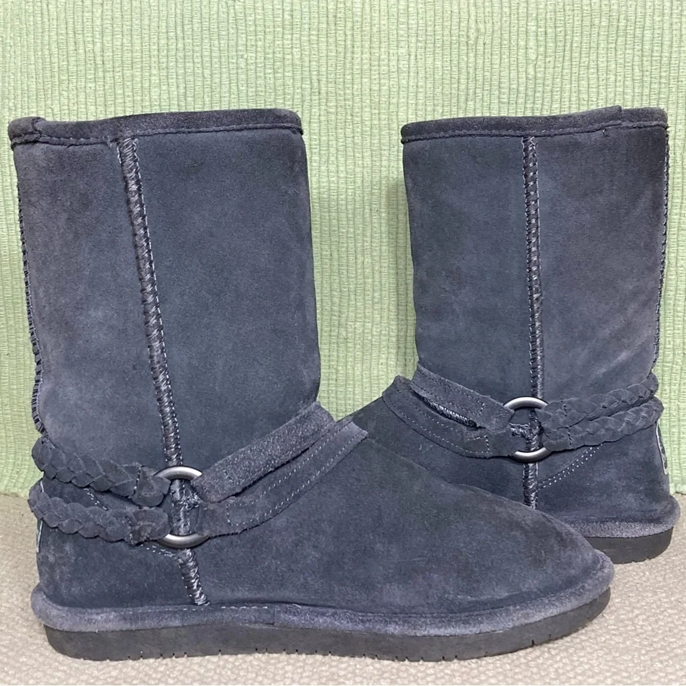 BEARPAW Womens Adele Grey Braided Harness Suede/Wool/Sheepskn Short Boots SZUS 7